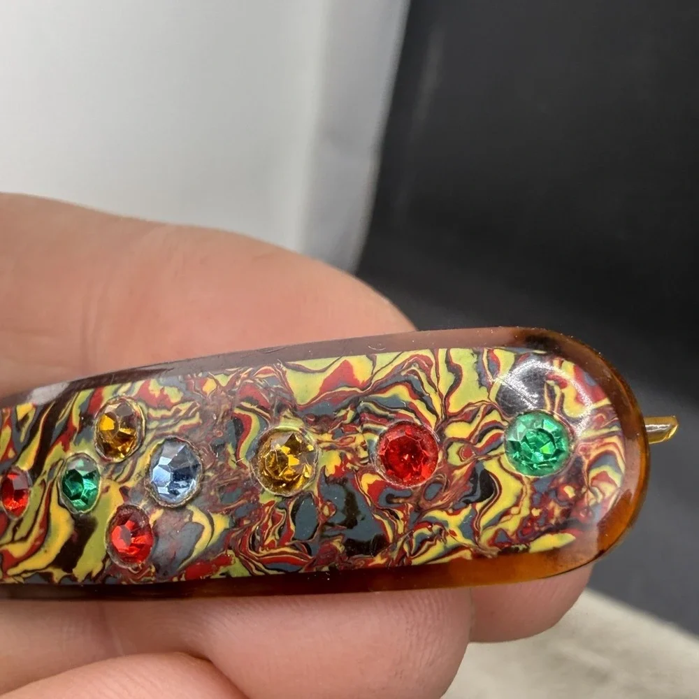 Vintage Rhinestone‎ Hair Barrette Swirl Rainbow Lucite